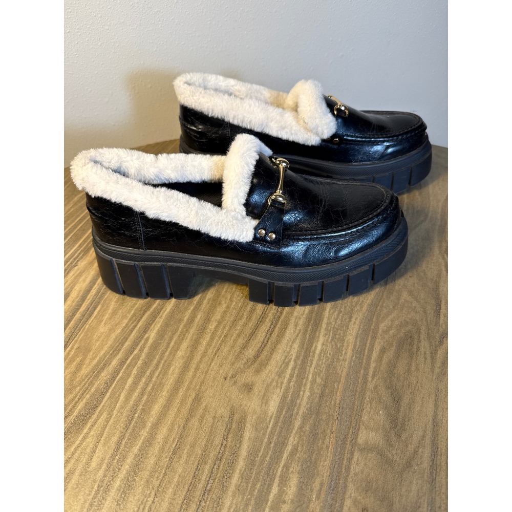 NY&C Loafers Womens 10‎ Black Excellent Faux Fur Platform Lug Sole Horsebit